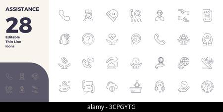 Intelligently designed 28 PIXEL perfect vector icons inspired by Assistance, created in Thin Line format at 128x128 for smart and efficient design wor Stock Vector