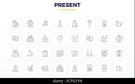 This collection features 32 Thin Outline PIXEL perfect vector icons tailored to the Present theme, optimized in 128x128 format for digital design. Stock Vector