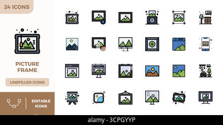 Comprehensive bundle featuring 24 vector icons in Flat Lineal Color design for Picture Frame, delivered in crisp 128x128 PIXEL perfect quality. Stock Vector