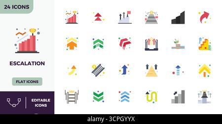Enhance your projects with 24 Flat Color vector icons themed around Escalation, featuring 128x128 PIXEL perfect resolution ideal for clean and profess Stock Vector