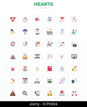 Vector pack with 42 Minimal Flat PIXEL perfect icons inspired by Hearts, delivered in 128x128 resolution ideal for scalable and creative design work. Stock Vector
