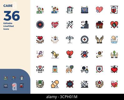 Comprehensive toolkit of 36 vector icons themed around Care, developed in Duotone with 128x128 PIXEL perfect precision for versatile design applicatio Stock Vector