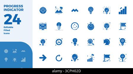 Unlock 24 Glyph Filled PIXEL perfect vector icons inspired by Progress Indicator, optimized in 128x128 format for flawless display across all devices. Stock Vector