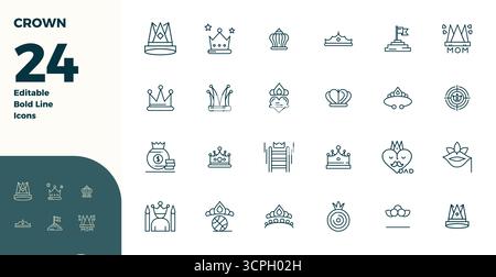 Artfully designed 24 Bold Line PIXEL perfect vector icons for Crown, delivered in 128x128 format for consistent visual excellence. Stock Vector