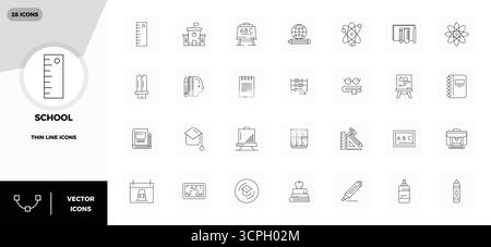 Transform your designs with 28 Thin Line vector icons themed around School, engineered in 128x128 PIXEL perfect resolution for maximum clarity. Stock Vector