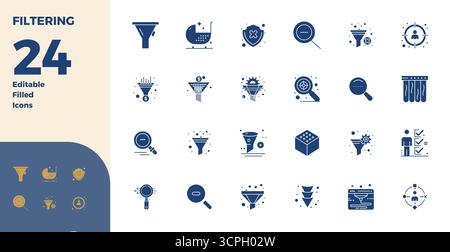 Meticulously crafted 24 Glyph Filled vector icons for Filtering, delivered in 128x128 PIXEL perfect quality for uncompromising design standards. Stock Vector