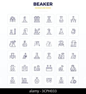 Essential pack of 36 PIXEL perfect vector icons for Beaker in Strong Outline format, sized at 128x128 for optimal performance and scalability. Stock Vector