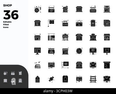 Advanced collection of 36 PIXEL perfect vector icons inspired by Shop, crafted in Glyph Filled with 128x128 optimization for superior visual performan Stock Vector