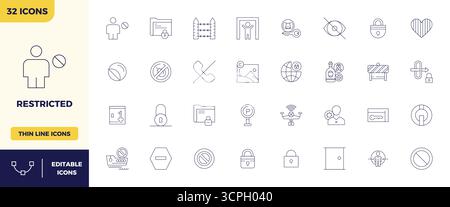 A dynamic set of 32 vector icons in Minimal Line, tailored for Restricted with 128x128 PIXEL perfect quality suited for digital products. Stock Vector