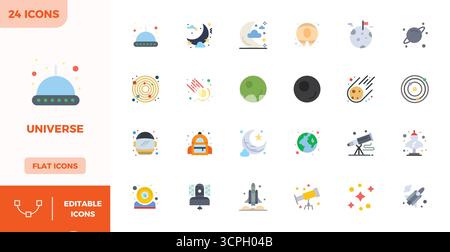 Download 24 scalable Flat Color vector icons designed for Universe, featuring PIXEL perfect 128x128 resolution suitable for professional and creative Stock Vector