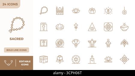 Comprehensive toolkit of 24 vector icons themed around Sacred, developed in Heavy Line with 128x128 PIXEL perfect precision for versatile design appli Stock Vector