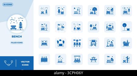 Expertly designed 24 Filled PIXEL perfect vector icons for Bench, engineered at 128x128 resolution for flawless integration and performance. Stock Vector