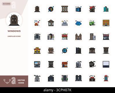 Thoughtfully designed 36 vector icons themed around Windows, crafted in LineFilled with 128x128 PIXEL perfect precision for contemporary design needs. Stock Vector