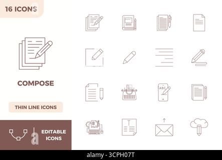 Innovative pack of 16 vector icons themed around Compose, showcasing Minimal Line design in 128x128 PIXEL perfect format for modern digital solutions. Stock Vector