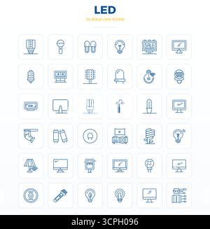 Meticulously crafted 36 Strong Outline vector icons for Led, delivered in 128x128 PIXEL perfect quality for uncompromising design standards. Stock Vector