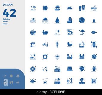 Meticulously crafted 42 Glyph Filled vector icons for Ocean, delivered in 128x128 PIXEL perfect quality for uncompromising design standards. Stock Vector