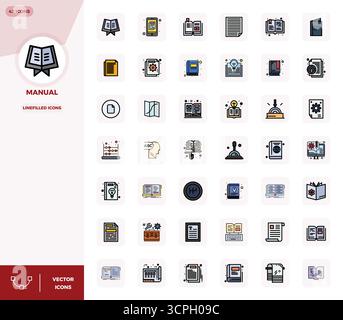 Masterfully created 42 vector icons representing Manual in LineFilled design, featuring 128x128 PIXEL perfect resolution for exceptional visual qualit Stock Vector