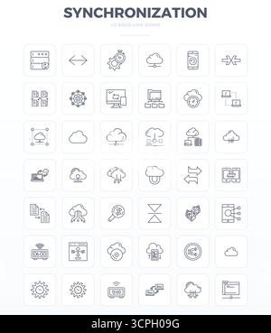 Contemporary collection of 42 vector icons representing Synchronization in Strong Outline aesthetic, featuring 128x128 PIXEL perfect resolution for mo Stock Vector