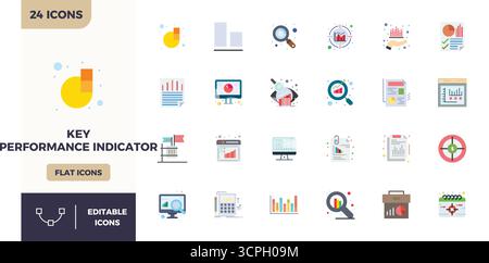 Vector pack with 24 Flat Color PIXEL perfect icons inspired by Key Performance Indicator, delivered in 128x128 resolution ideal for scalable and creat Stock Vector