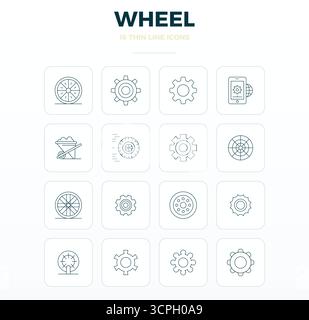 Refined bundle featuring 16 Thin Outline vector icons for Wheel, optimized with 128x128 PIXEL perfect quality for elegant and functional design soluti Stock Vector