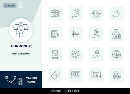 Professionally designed 16 vector icons in Thin Line, capturing the essence of Currency with 128x128 PIXEL perfect precision for UI design. Stock Vector