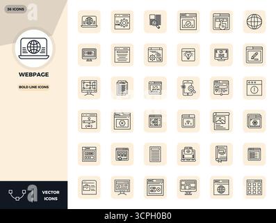 Essential pack of 36 PIXEL perfect vector icons for Webpage in Bold Line format, sized at 128x128 for optimal performance and scalability. Stock Vector
