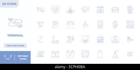 Complete package of 28 vector icons themed around Terminal, showcasing Minimal Line design in 128x128 PIXEL perfect quality for modern interfaces. Stock Vector