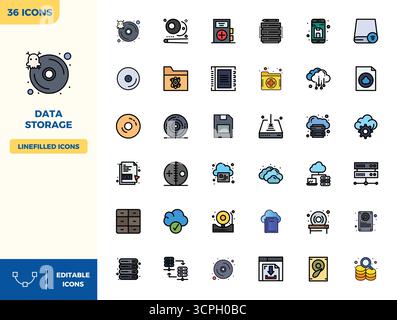 Unlock 36 Flat Lineal Color PIXEL perfect vector icons inspired by Data Storage, optimized in 128x128 format for flawless display across all devices. Stock Vector