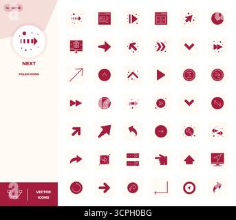 Premium collection of 42 Filled vector icons for Next, meticulously crafted in 128x128 PIXEL perfect resolution for superior visual impact. Stock Vector