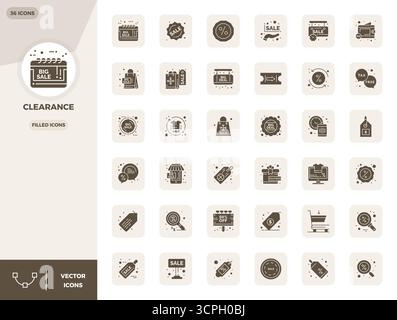 Curated pack of 36 128x128 vector icons in Filled design, centered around Clearance concepts with PIXEL perfect clarity. Stock Vector