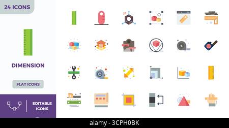 This collection features 24 Flat Color PIXEL perfect vector icons tailored to the Dimension theme, optimized in 128x128 format for digital design. Stock Vector
