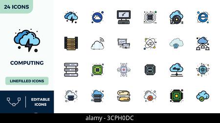 Professional-grade collection of 24 Flat Lineal Color vector icons representing Computing, crafted with 128x128 PIXEL perfect precision for enterprise Stock Vector