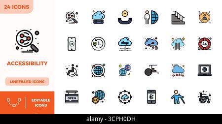 Complete package of 24 vector icons themed around Accessibility, showcasing Flat Lineal Color design in 128x128 PIXEL perfect quality for modern inter Stock Vector