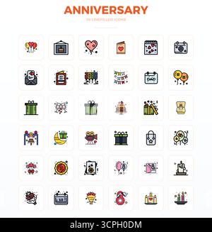 Exceptional collection of 36 LineFill vector icons for Anniversary, delivered in 128x128 PIXEL perfect resolution for unparalleled visual excellence a Stock Vector