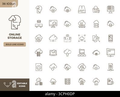 Beautifully rendered 36 Heavy Line PIXEL perfect vector icons for Online Storage, created at 128x128 resolution for stunning visual consistency across Stock Vector