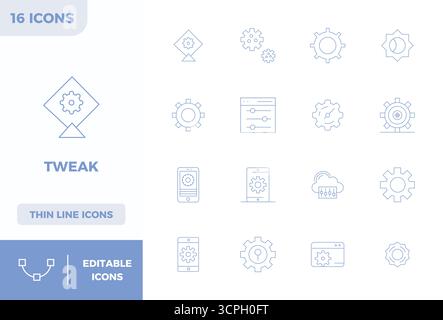 Contemporary collection of 16 vector icons representing Tweak in Minimal Line aesthetic, featuring 128x128 PIXEL perfect resolution for modern applica Stock Vector