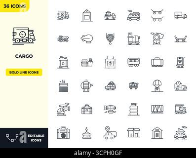 Vector pack with 36 Heavy Line PIXEL perfect icons inspired by Cargo, delivered in 128x128 resolution ideal for scalable and creative design work. Stock Vector