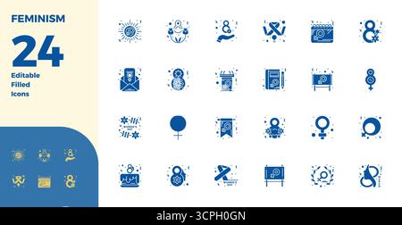 Precision-engineered 24 Glyph Filled vector icons for Feminism, designed at 128x128 PIXEL perfect resolution for exceptional clarity and scalability. Stock Vector