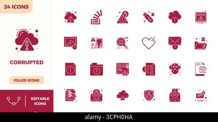 Artfully designed 24 Filled PIXEL perfect vector icons for Corrupted, delivered in 128x128 format for consistent visual excellence. Stock Vector