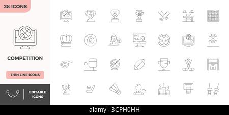 Strategic bundle featuring 28 vector icons representing Competition in Minimal Line format, optimized with 128x128 PIXEL perfect quality for professio Stock Vector