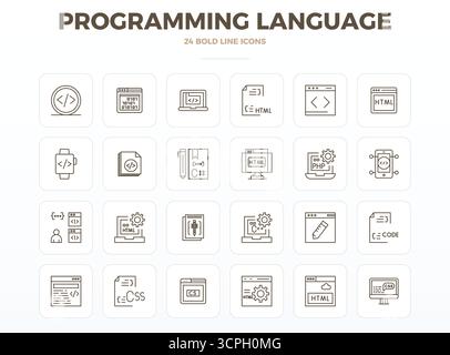 Enhance your projects with 24 Strong Outline vector icons themed around Programming Language, featuring 128x128 PIXEL perfect resolution ideal for cle Stock Vector