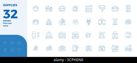 Transform your designs with 32 Thin Line vector icons themed around Supplies, engineered in 128x128 PIXEL perfect resolution for maximum clarity. Stock Vector