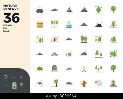 Intelligently designed 36 PIXEL perfect vector icons inspired by Nature Reserve, created in Flat format at 128x128 for smart and efficient design work Stock Vector