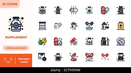 This set of 24 Flat Lineal Color vector icons captures Supplement themes in 128x128 PIXEL perfect quality, perfect for tech and business applications. Stock Vector