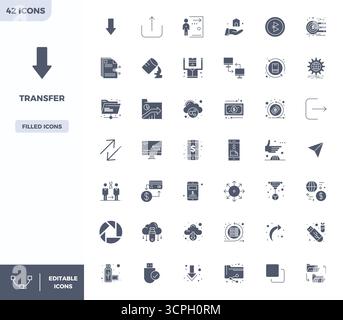 Professional-grade collection of 42 Filled vector icons representing Transfer, crafted with 128x128 PIXEL perfect precision for enterprise application Stock Vector