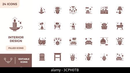 Innovative pack of 24 vector icons themed around Interior Design, showcasing Filled design in 128x128 PIXEL perfect format for modern digital solution Stock Vector