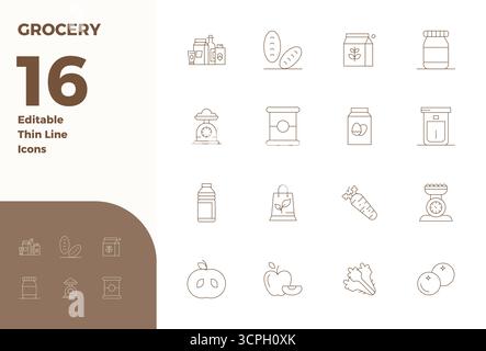 Unlock 16 Thin Line PIXEL perfect vector icons inspired by Grocery, optimized in 128x128 format for flawless display across all devices. Stock Vector