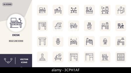 Meticulously crafted 24 Bold Line vector icons for Desk, delivered in 128x128 PIXEL perfect quality for uncompromising design standards. Stock Vector