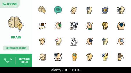 Innovative pack of 24 vector icons themed around Brain, showcasing Flat Lineal Color design in 128x128 PIXEL perfect format for modern digital solutio Stock Vector