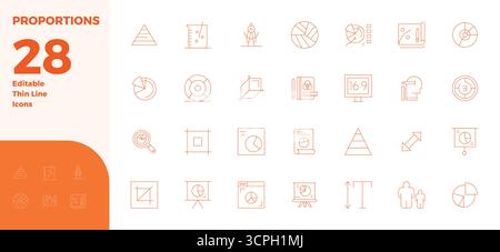 Industry-leading pack of 28 Thin Line PIXEL perfect vector icons for Proportions, sized at 128x128 for optimal rendering and user interface excellence Stock Vector